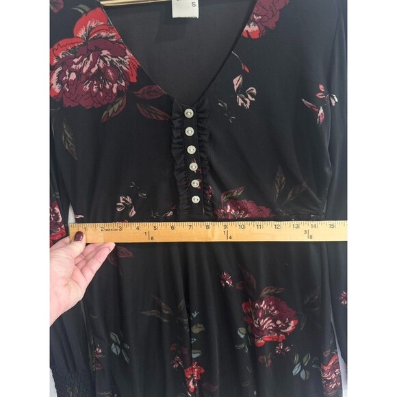 American Rag Black Red Floral Mini Dress Sheer Long Sleeve Boho Romantic Size S - Picture 12 of 14